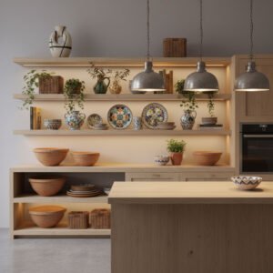 Cozinha elegante com artigos de decoração em cerâmica