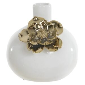 Vaso Decorativo Cerâmica Branca com Flor Dourada | Elegante e Sofisticado