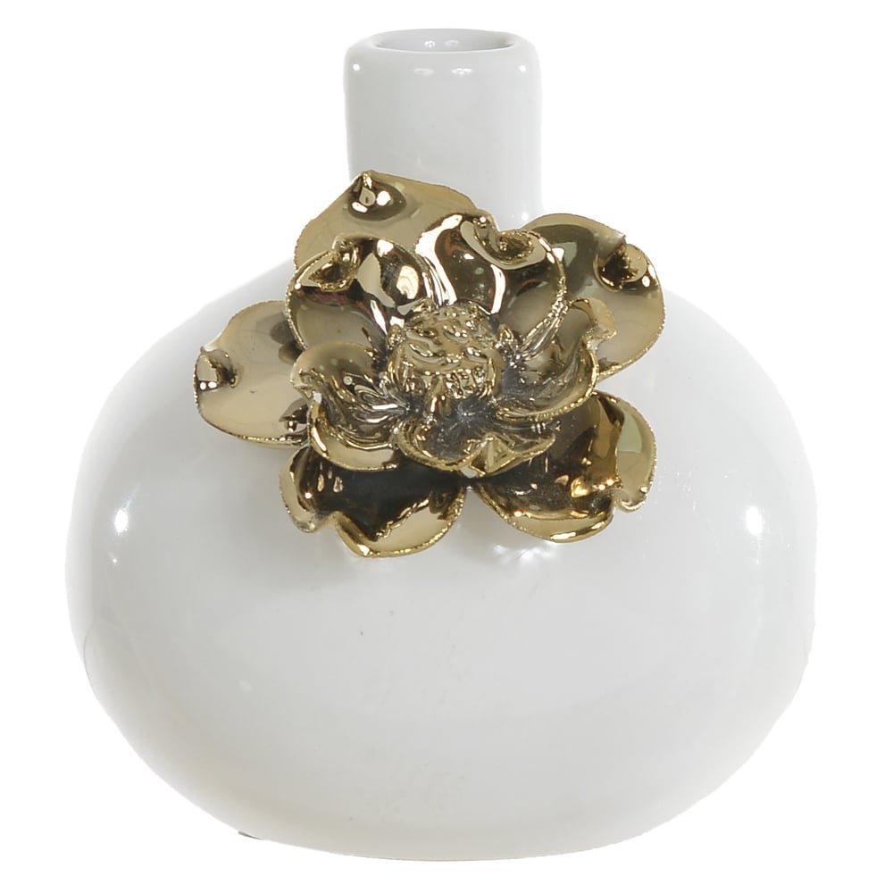 Vaso Decorativo Cerâmica Branca com Flor Dourada | Elegante e Sofisticado