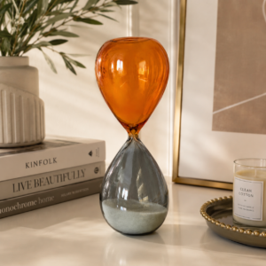 Ampulheta Decorativa Vidro Laranja e Azul Petróleo 25cm | Decoração Elegante Moderna