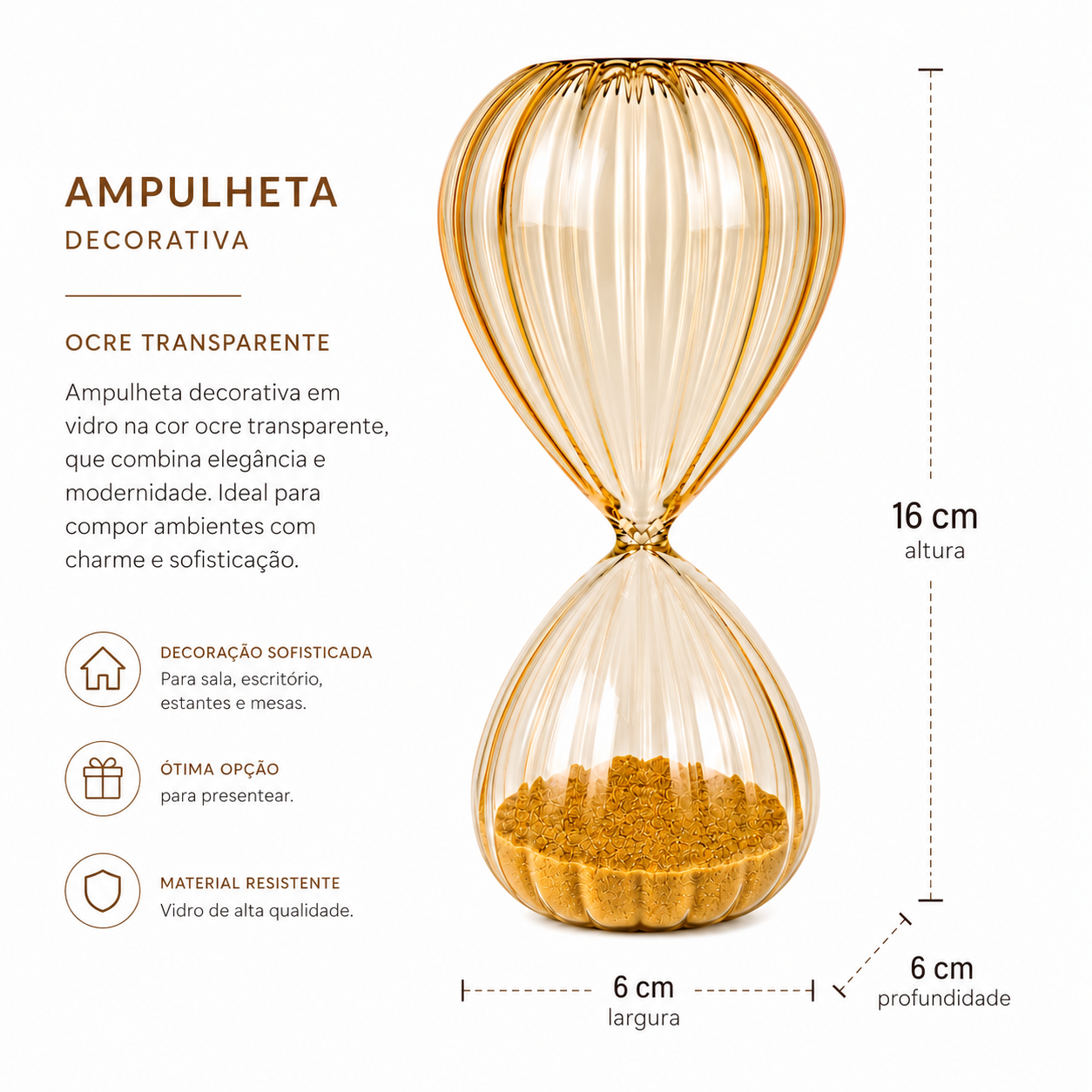 Ampulheta Decorativa Vidro Ocre Transparente 16cm | Objeto de Decoração Elegante - Imagem 2