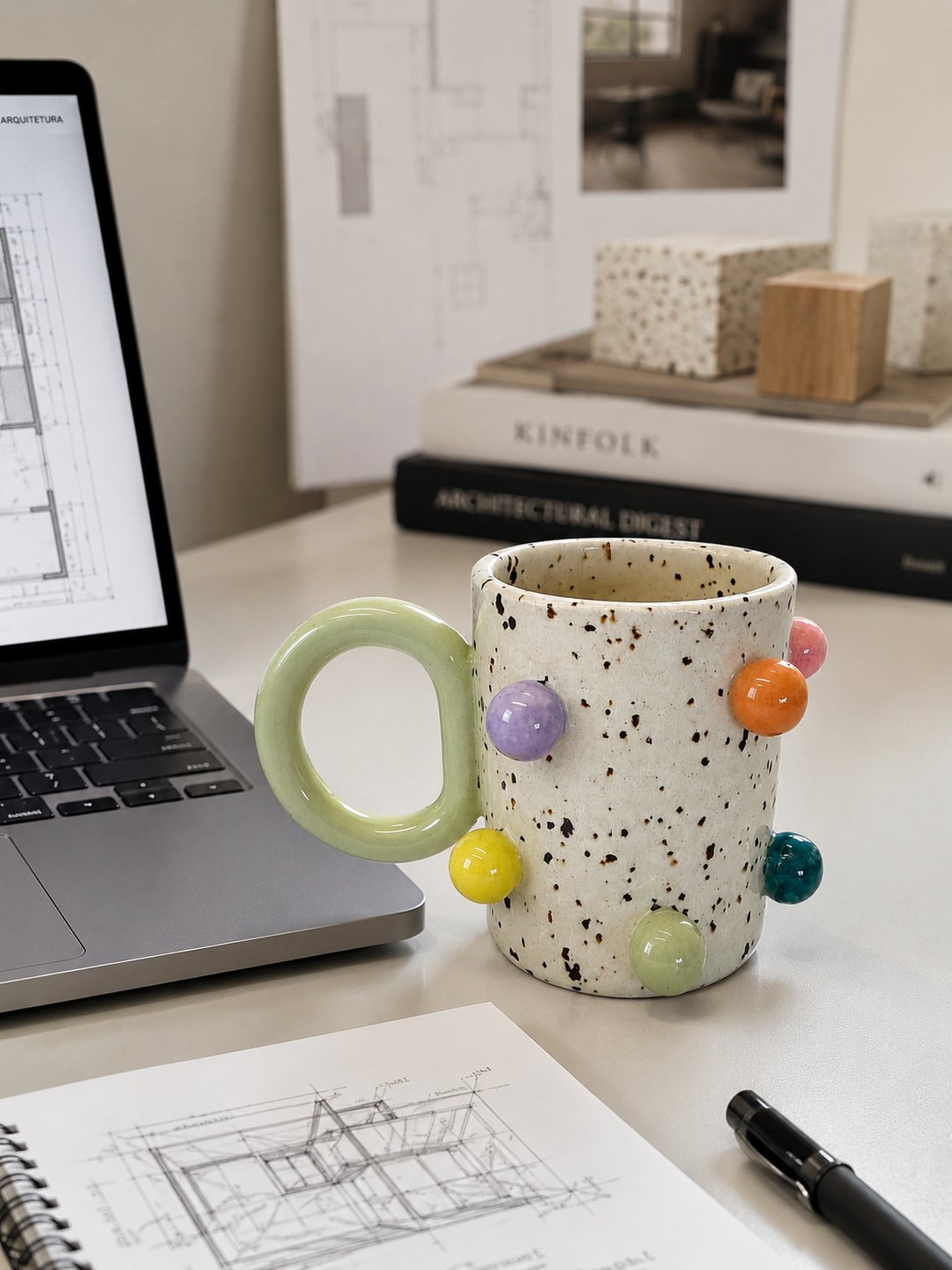 Caneca Decorativa Cerâmica Bolinhas Coloridas Artesanal | Design Moderno e Criativo