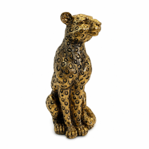 Escultura Leopardo Decorativo Dourado em Poliresina | Adorno Sofisticado para Estante e Aparador 6X6,5X14CM