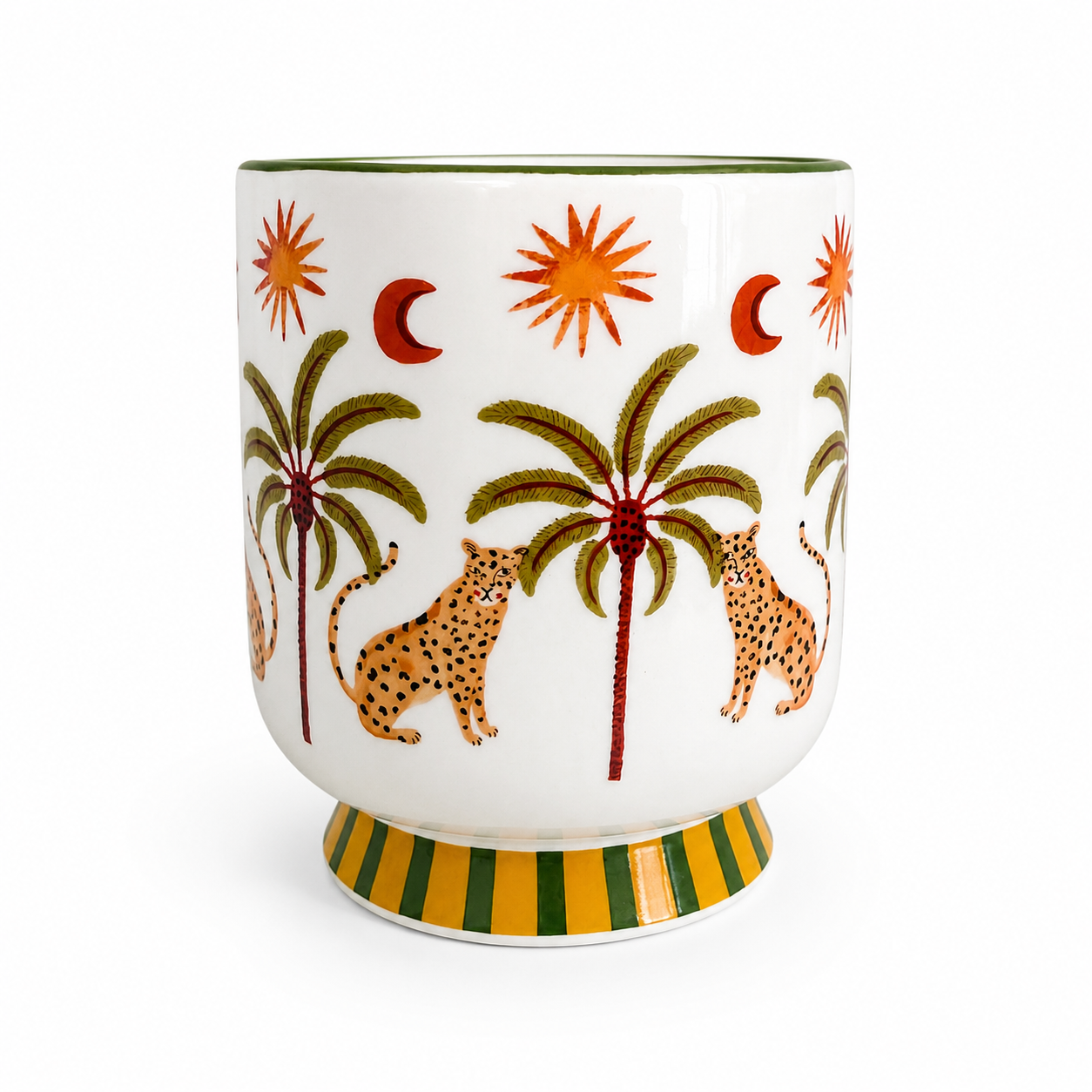 Vaso Decorativo de Cerâmica Tropicália Leopardo e Palmeiras | Design Exclusivo Colorido