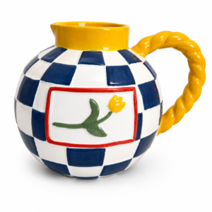 Vaso Decorativo de Cerâmica Xadrez Azul e Branco com Alça Amarela | Design Artesanal