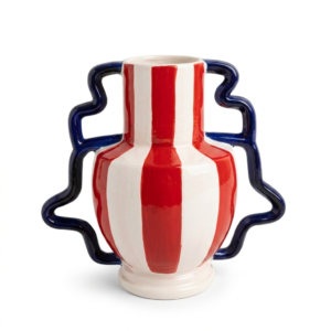Vaso Decorativo Listrado Vermelho e Branco com Alças Orgânicas Azuis | Design Artístico em Cerâmica 26X15X23CM