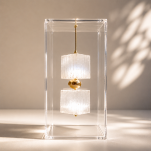 Caixa de Acrílico  com Cubos de Selenita Natural e Detalhe com Banho de Ouro | Decor Afetiva 8x8x19 cm