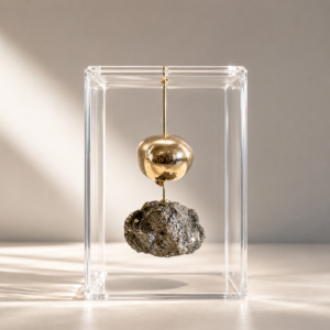 Caixa de Acrílico Cristal com Pirita Natural e Detalhe com Banho de Ouro | Decor Afetiva 8x8x12 cm