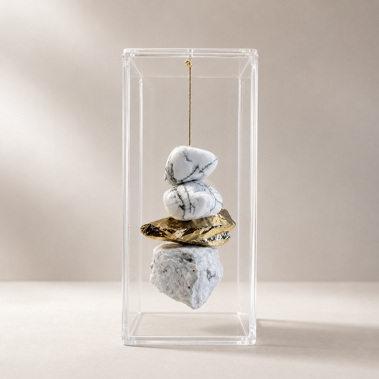 Caixa de Acrílico Cristal com Howlita Natural e Pedra Bruta Banhada a Ouro | Decor Afetiva 8x8x19 cm