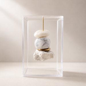 Caixa de Acrílico Cristal com Howlita Natural e Pedra Bruta Banhada a Ouro | Decor Afetiva 8x8x12 cm