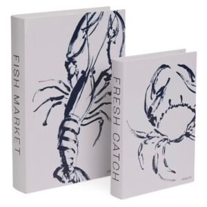 Livro Caixa Decorativo Fish Market & Fresh Catch – Conjunto 2 Peças em MDF para Organização e Decoração