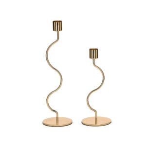Castiçal Decorativo Ondulado em Metal Dourado – Kit com Tamanhos P e G