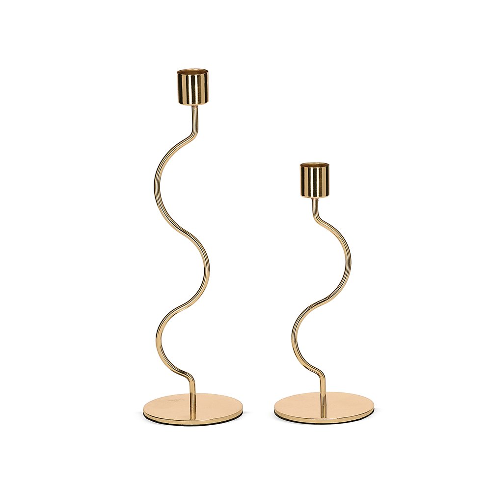 Castiçal Decorativo Ondulado em Metal Dourado – Kit com Tamanhos P e G