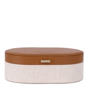 Caixa Organizadora Decorativa Oval em  Linho e Courino Caramelo com Tampa – Porta-Joias e Multiuso tamanho G
