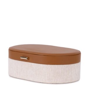 Caixa Organizadora Decorativa Oval em linho e Courino Caramelo com Tampa – Porta-Joias e Multiuso tamanho M