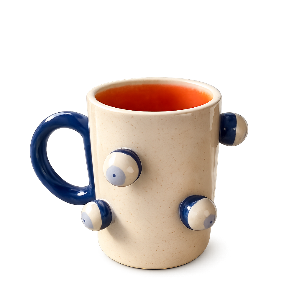 Caneca de Cerâmica Artesanal 220 ml Olho Grego Detalhes Orgânicos