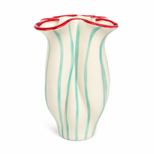 Vaso Decorativo de Cerâmica Azul Claro com Borda Vermelha