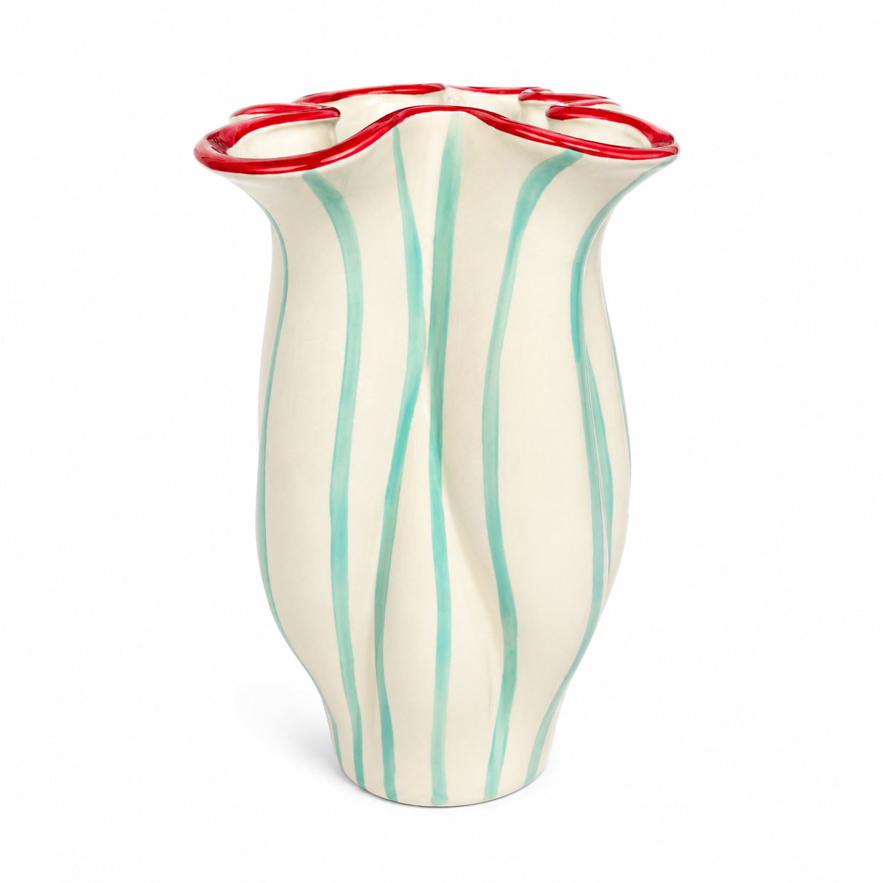 Vaso Decorativo de Cerâmica Azul Claro com Borda Vermelha
