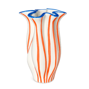 Vaso Decorativo de Cerâmica Listrado Branco com Laranja e Borda Azul