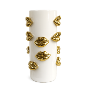 Vaso Decorativo de Cerâmica Branco com Aplicações de Lábios Dourados