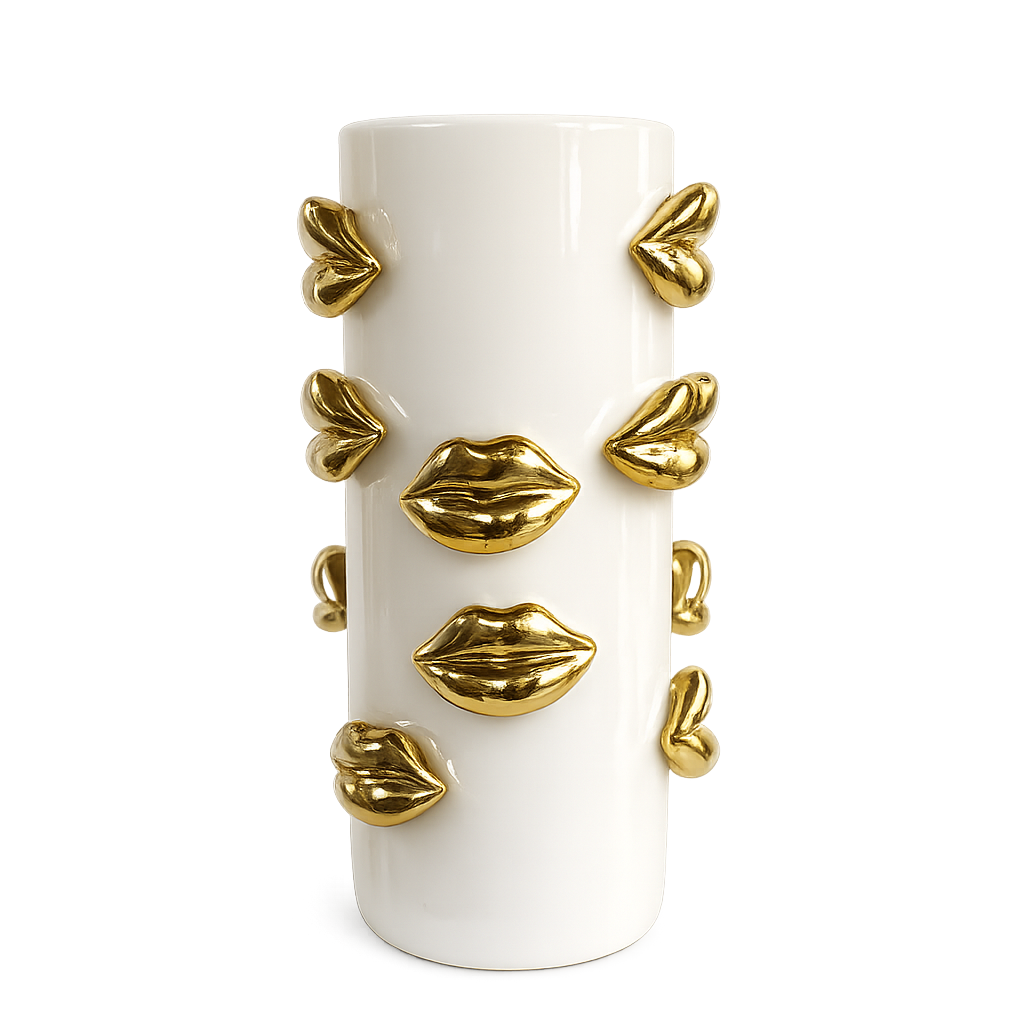 Vaso Decorativo de Cerâmica Branco com Aplicações de Lábios Dourados