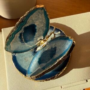 Borboleta Decorativa em Ágata Azul com Borda Dourada | 8 a 11 cm